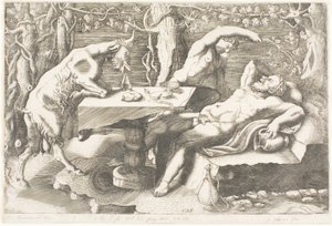 ブドウのつるでシレノスを目覚めさせようとするサテュロス 作： Giorgio Ghisi