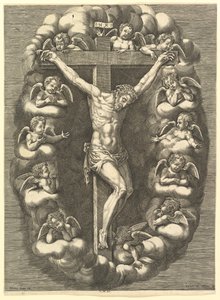 哀悼の天使たちに囲まれた十字架につけられたキリスト、1575-1679年。 作： Giorgio Ghisi