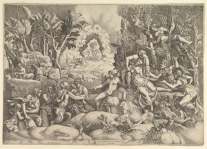プロクリスの死、Cephalusは...に囲まれた右側でプロクリスの死を悼みます。 1540年。 作： Giorgio Ghisi