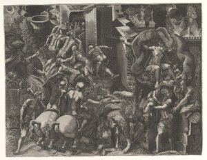 1540年代半ばのトロイの堕落とアイネイアスの脱出。 作： Giorgio Ghisi
