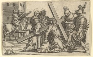 悲しみの聖母：十字架を背負ったキリスト、1575年までに取り囲まれた9つの周囲の区画の1つ。 作： Giorgio Ghisi