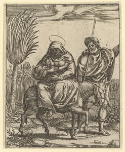 悲しみの聖母：エジプトへの逃避、1575年までに...からの9つの周囲の区画の1つ。 作： Giorgio Ghisi