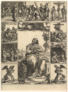 悲しみの聖母、9つのビネットに囲まれた聖母マリアのイメージ...、ca。 1575年。 作： Giorgio Ghisi