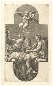 3つのミューズとシンバルのプット、十字形の構成、8つのシリーズ、1560年代の作品。