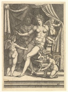 1550年代半ば、ベッドと3つのプッティに座ったヴィーナスとバルカン。 作： Giorgio Ghisi