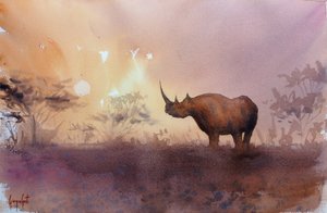 アフリカのサイと夕日 作： 
