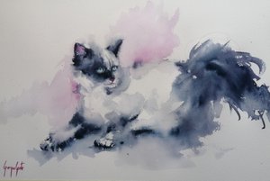 青い瞳の水彩画の猫 作： Giorgio Gosti