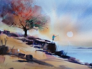 海岸の夕暮れ、漁師 作： 