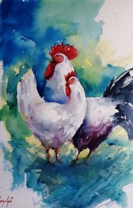 色鮮やかな雄鶏と雌鶏 作： 