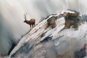 冬の山に立つエルク 作： 