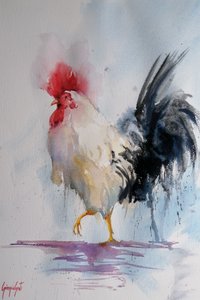 誇り高き雄鶏の水彩画 作： 