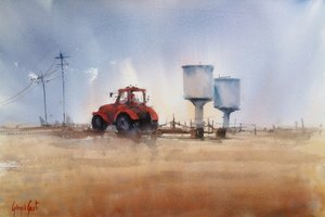 赤いトラクターと塔 作： Giorgio Gosti