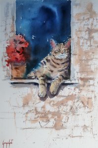 のんびりした猫が窓辺でくつろぐ 作： 