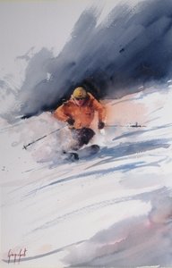 パウダースノーを滑るスキーヤー 作： 