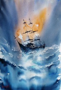 荒れ狂う海を航行する船 作： 
