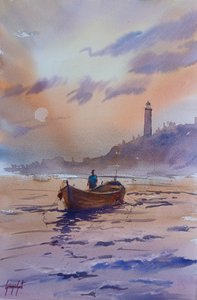 夕日の灯台と船 作： 