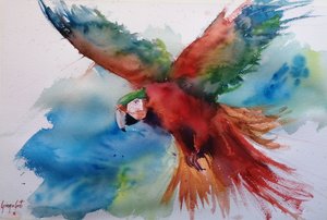 空を舞う鮮やかなコンゴウインコ 作： 