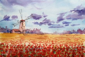 色鮮やかな風車とポピーの花畑 作： 