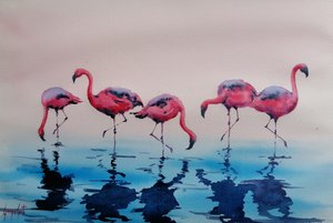 水辺を歩くピンクのフラミンゴ 作： 