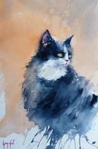 警戒する水彩画の猫 作： 