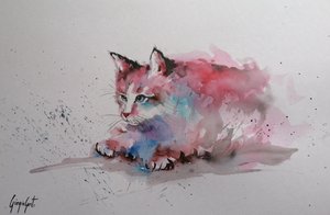 水彩画の子猫の水遊び 作： 