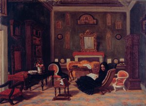エリザベス・バレット・ブラウニング、フィレンツェのグイディ邸の居間にて、1880年頃、油彩・カンヴァス 作： Giorgio Mignaty