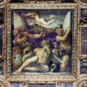 サローネデイチンクエチェントの天井から見たコルトーナ地域とモンテプルチャーノ地域の寓話、1565年（パネル） 作： Giorgio Vasari