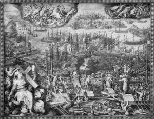 レパントの海戦（フレスコ画）（モノクロ写真 作： Giorgio Vasari