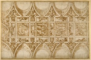 コルトーナのイエズス会大学の食堂の天井のデザイン（ペン・茶インク・薄茶のウォッシュ 作： Giorgio Vasari