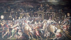 イタリア、フィレンツェ、ヴェッキオ宮殿、チンクエチェントのサロン、シエナのカモリア港近くの砦の撮影