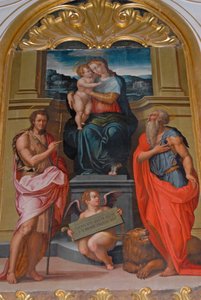 聖ヨハネ・バプティストと聖ジェロームの間にいる聖母子、ジョルジョ・ヴァザーリの絵画、イタリア、トスカーナ州カマルドーリのカマルドーリ修道院の教会 作： Giorgio Vasari