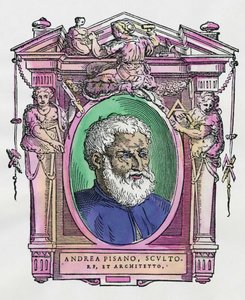 イタリアの彫刻家・建築家、アンドレア・ピサーノ（1290-1349）の肖像。ジョルジョ・ヴァザーリの『最も優れた画家、彫刻家、建築家の生活』（Le Vite de