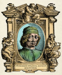 フランチェスコ・フランシア（1450-1517）の肖像。ジョルジョ・ヴァザーリの『最も優れた画家、彫刻家、建築家の生活』のエングレーヴィング（Le Vite de