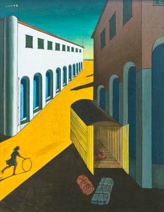 ミステリーと哀愁のストリート、フープを持った少女 作： Giorgio de Chirico