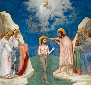 キリストの洗礼（ジョット作「キリストの生涯と受難」より詳細 作： Giotto (c.1266 1337)