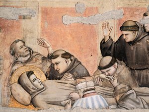 イタリア、フィレンツェ、聖十字架大聖堂、バルディ礼拝堂、ジョット(1267-1337)作「聖フランチェスコの死」、フレスコ画、詳細 作： Giotto (c.1266 1337)
