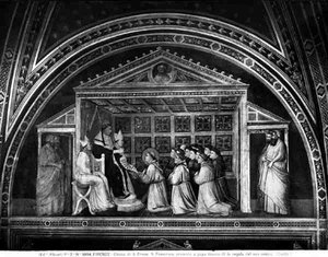 教皇インノセント3世（1160-1216） 規則を承認する（フレスコ画）（モノクロ写真） 作： Giotto (c.1266 1337)