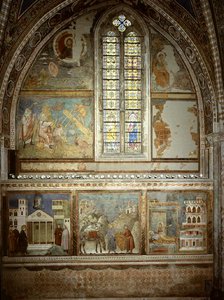 Scenes from the Life of St.Francis:簡素な男が聖フランシスコを称える；聖フランシスコがコートを貧しい騎士に与える；聖フランシスコが夢の中で見た武器でいっぱいの宮殿 作： Giotto (c.1266 1337)