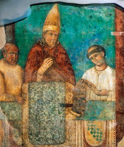 聖年を告げるボニファティウス8世」ジョット（1267-1337年頃）のフレスコ画、イタリア・ローマの聖ヨハネ・ラテラン大聖堂