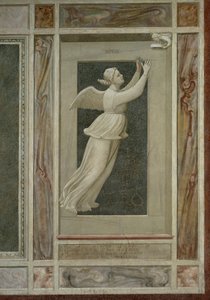 天国に導いてくれる天使に向かって飛ぶ翼のある女性像「希望」、ジョット（1267-1337）作、フレスコ画「悪徳と美徳」シリーズの細部 作： Giotto (c.1266 1337)