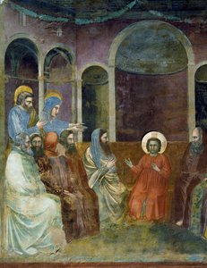 医者に囲まれて神殿にいるイエス（ジョット作『キリストの生涯と受難』より詳細 作： Giotto (c.1266 1337)