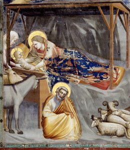 聖母子像、ロバとヨセフのディテール 作： Giotto (c.1266 1337)