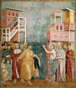 財産を放棄すること。聖フランソワは父に服を返す。ジョット・ディ・ボンドーネ（1267-1337）の絵 作： Giotto (c.1266 1337)