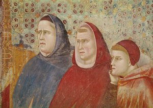 聖フランシスコが教皇オノリウス3世に説教を説く、右側の3人の高位聖職者の詳細、c.1297-99 作： Giotto di Bondone
