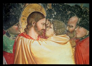 キリストの裏切り、キスの詳細、1305年頃 作： Giotto di Bondone