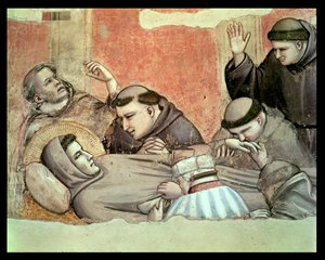 聖フランシスコの死、聖フランシスと修道士の詳細、63329のバルディ礼拝堂のフレスコ画の詳細 作： Giotto di Bondone