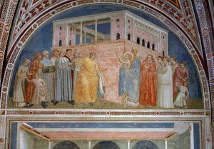 1320年頃、バルディ礼拝堂から彼の世俗的な品物を放棄した聖フランシス 作： Giotto di Bondone