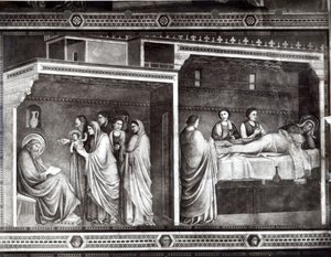 洗礼者聖ヨハネの誕生と彼の父ザカリアが彼の名前を書いている 作： Giotto di Bondone