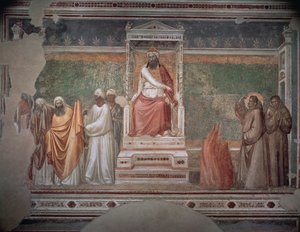 1320年頃、バルディ礼拝堂からのエジプトスルタンの前のアッシジの聖フランシスの火による裁判 作： Giotto di Bondone