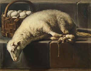 かごの卵の横に結ばれた子羊 イースターの寓話、17 世紀後半 作： Giovan Battista Recco